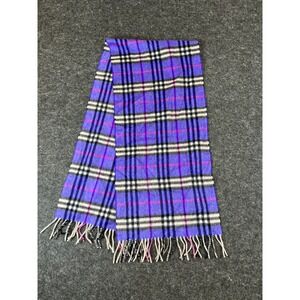 Burberry London Cashmere Scarf Womens Purple Plaid Fringed Neck Wrap Cozy Preppy